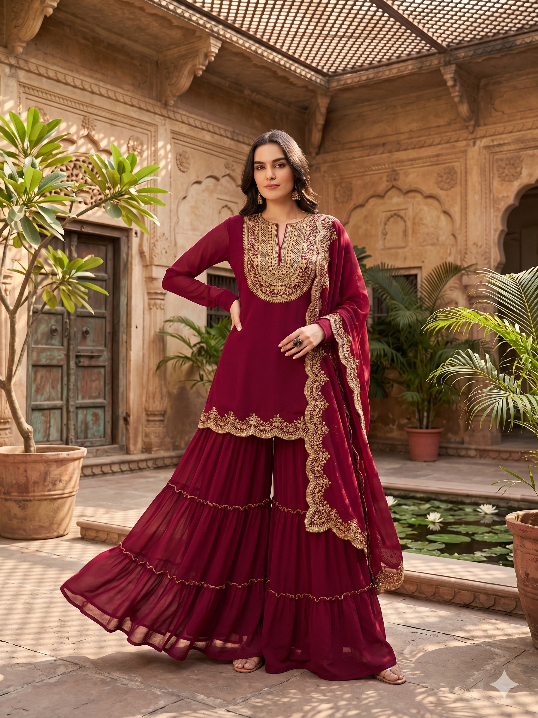 Elegant Wine Georgette Embroidered Kurta Set with Tiered Sharara & Scalloped Dupatta