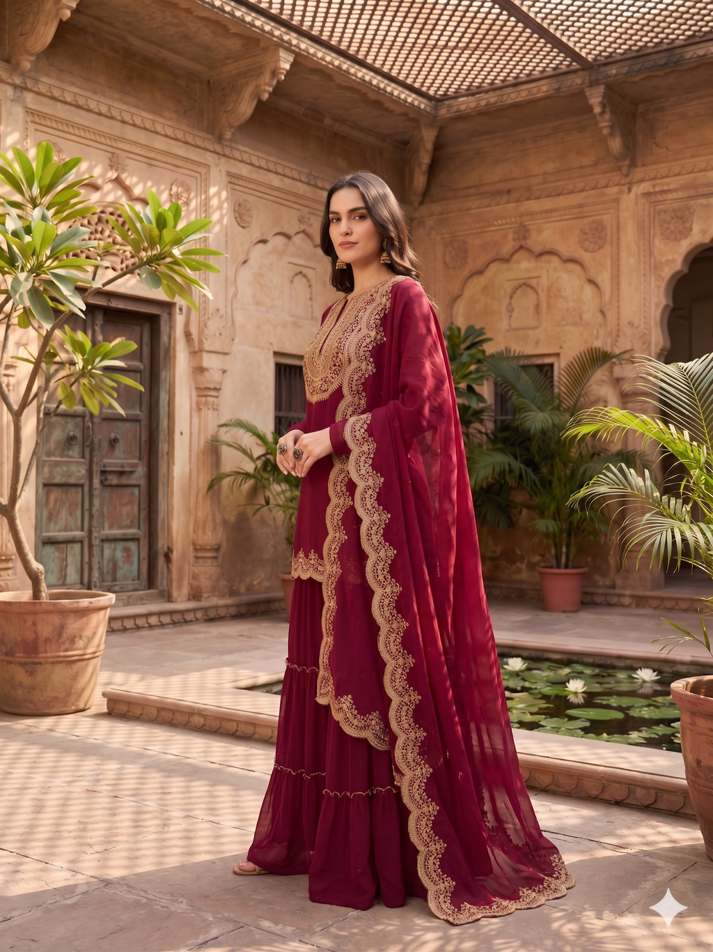 Elegant Wine Georgette Embroidered Kurta Set with Tiered Sharara & Scalloped Dupatta