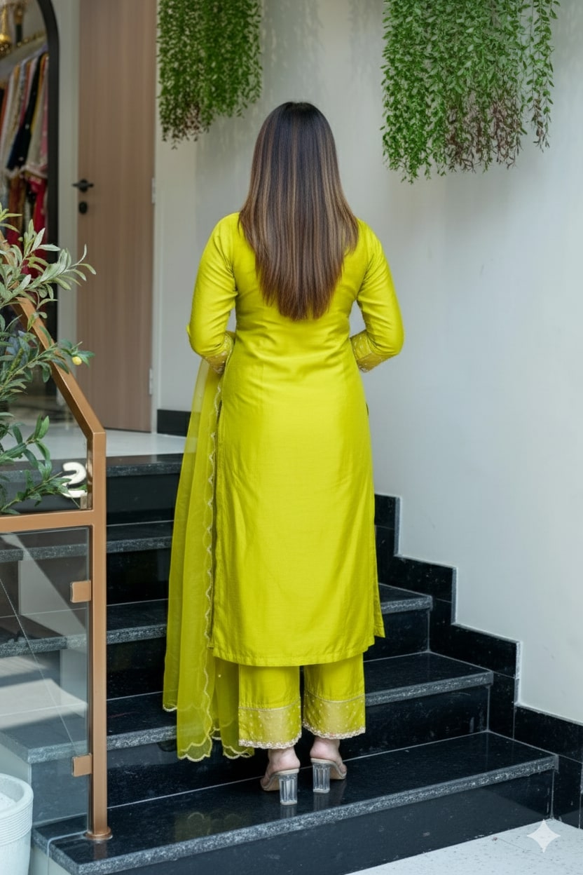 Luminous Lime Viscose Chanderi Silk Kurta Set with Scalloped V-Neck & Organza Accents