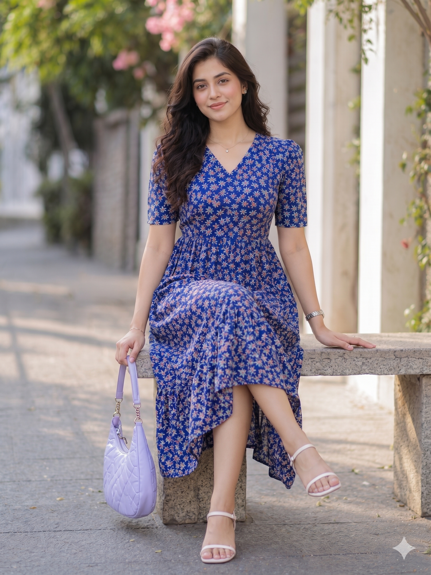 Women’s Floral Print Cotton Midi Dress with Ruffle Hem