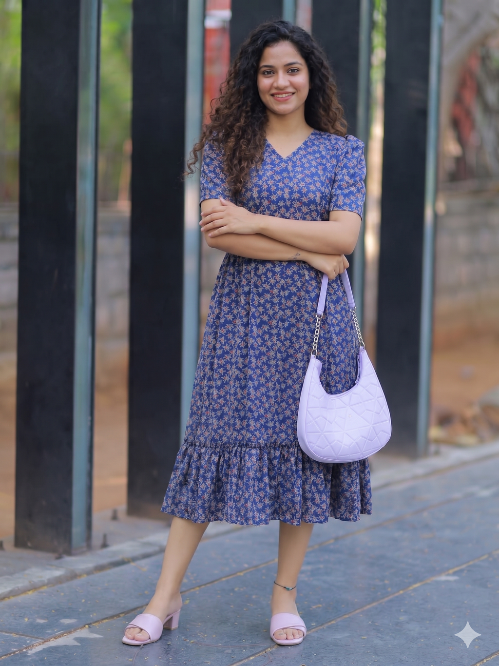 Women’s Floral Print Cotton Midi Dress with Ruffle Hem