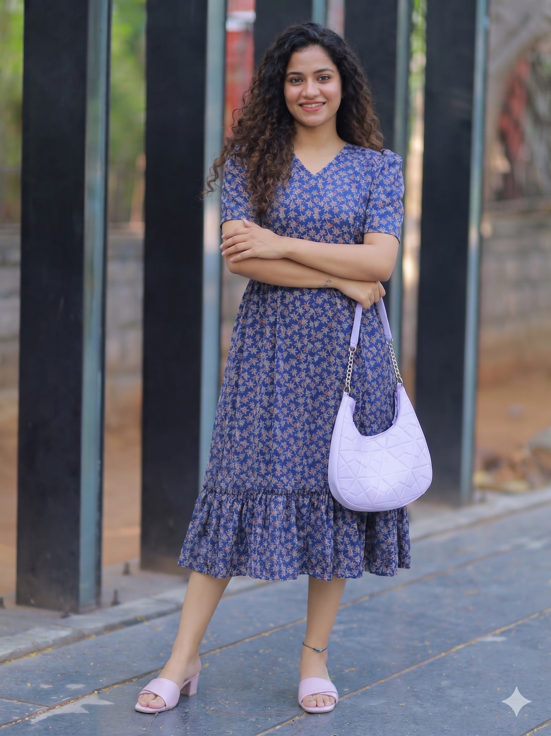 Women’s Floral Print Cotton Midi Dress with Ruffle Hem