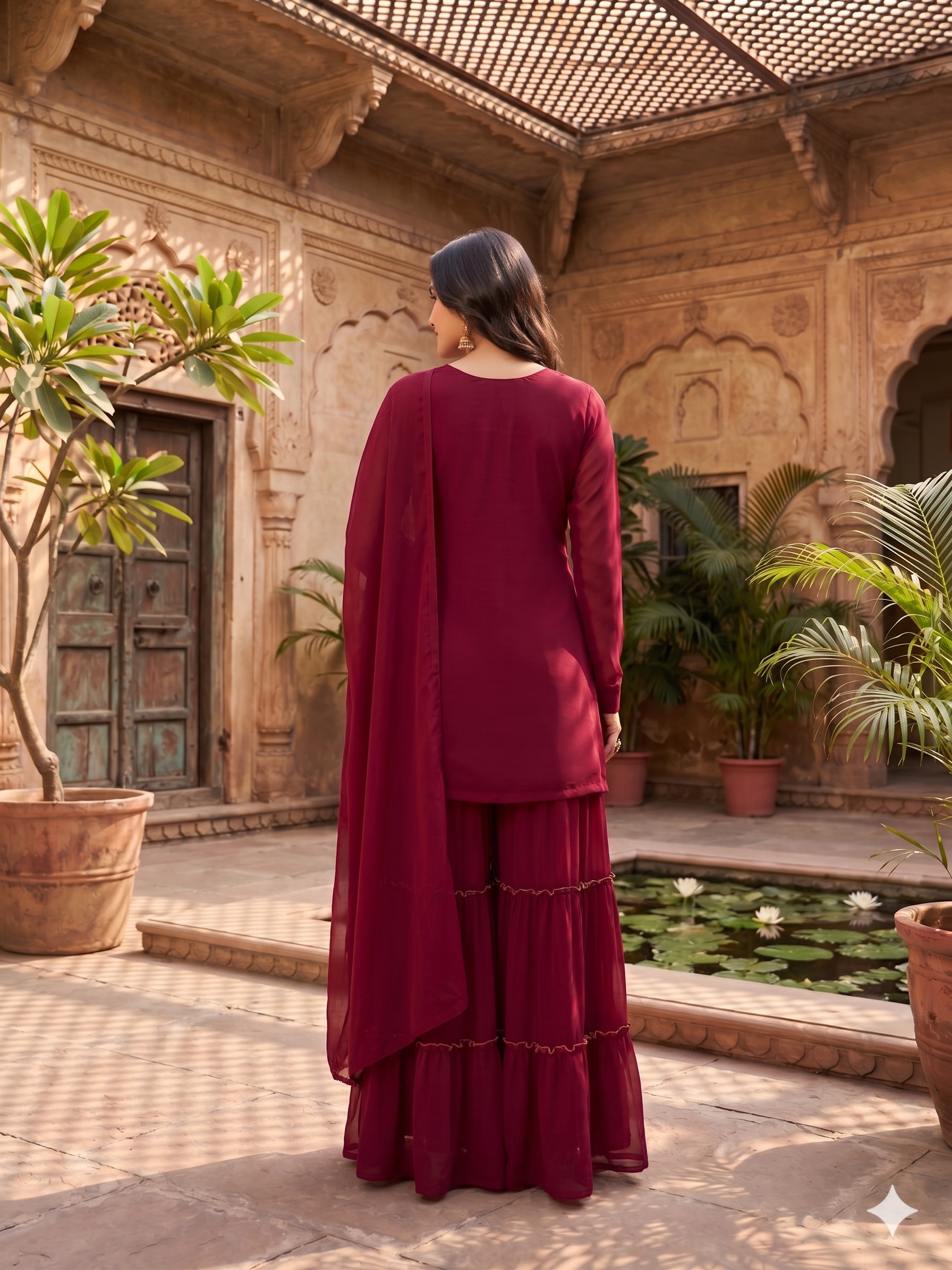 Elegant Wine Georgette Embroidered Kurta Set with Tiered Sharara & Scalloped Dupatta
