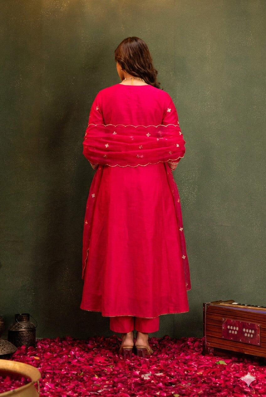 Embroidered Chanderi Silk Kurta Set with Scalloped Organza Dupatta