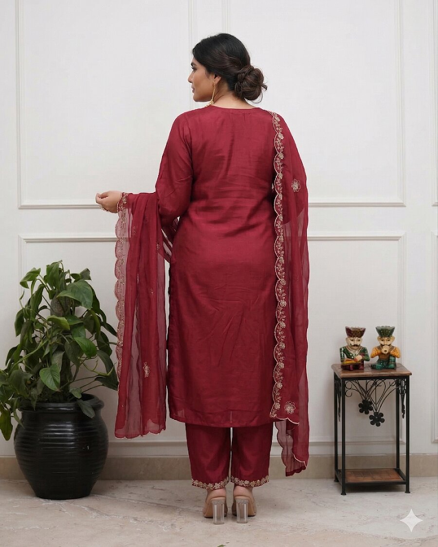 Maroon Majesty Chanderi Silk Embroidered Kurta Set with Scalloped Dupatta