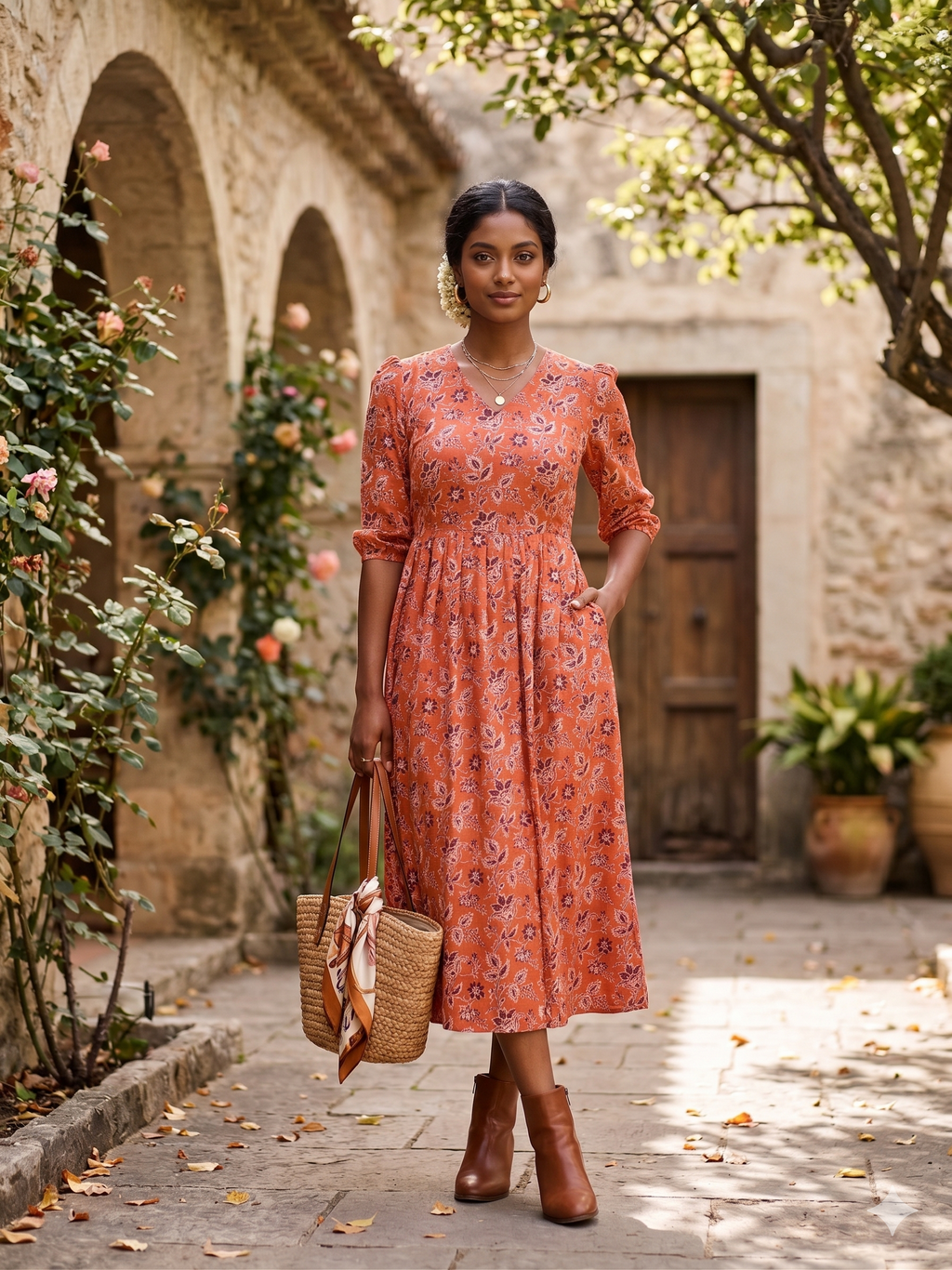Sunset Blooms Cotton Midi Dress