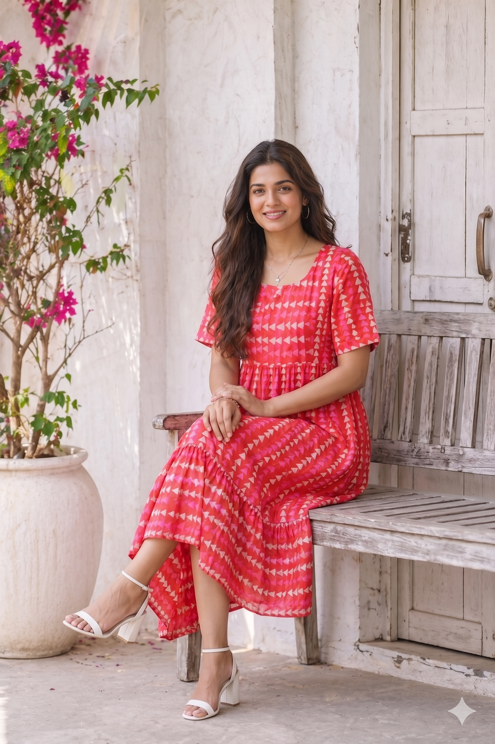Crimson Geometric Cotton Midi Dress