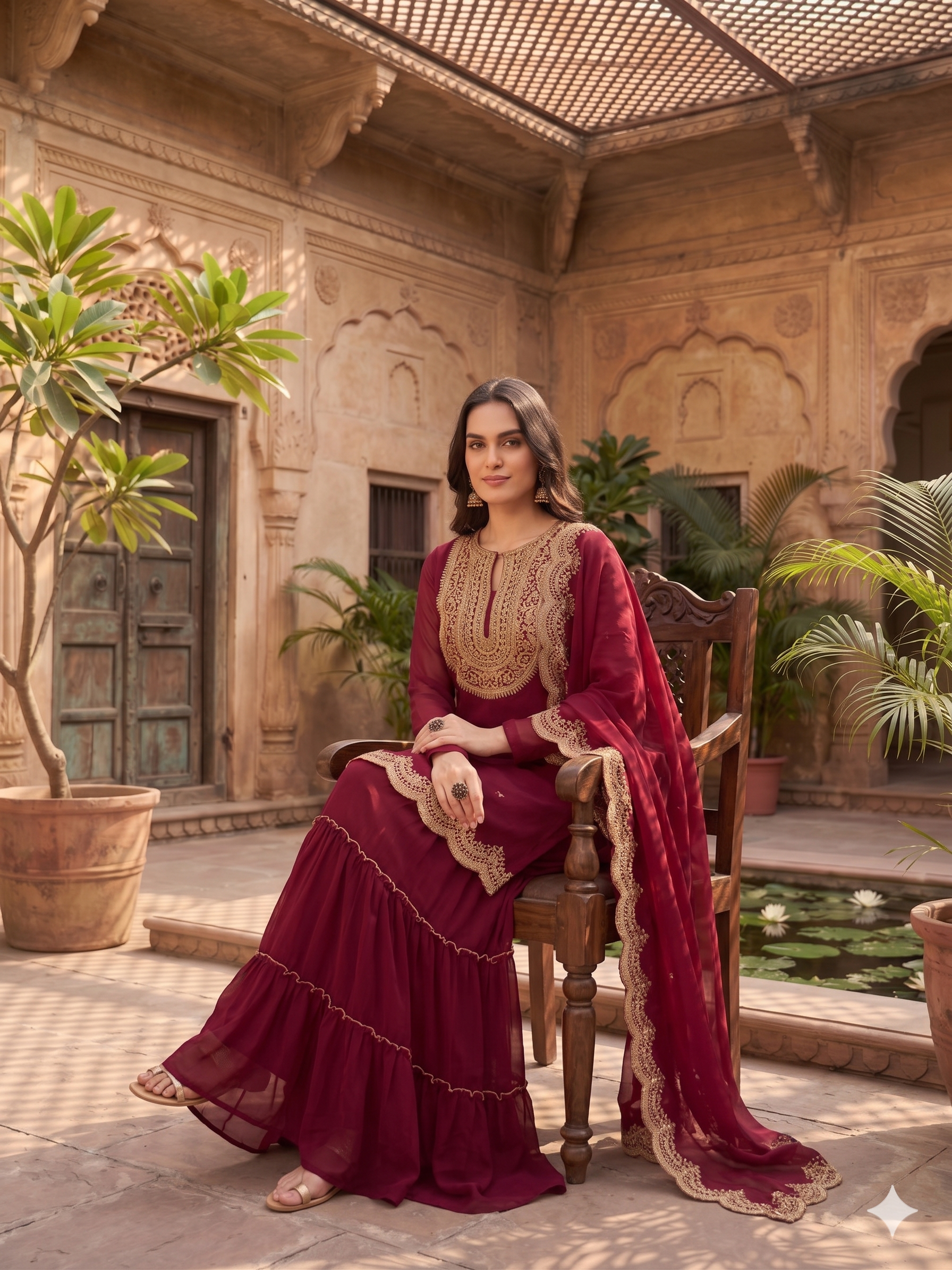 Elegant Wine Georgette Embroidered Kurta Set with Tiered Sharara & Scalloped Dupatta