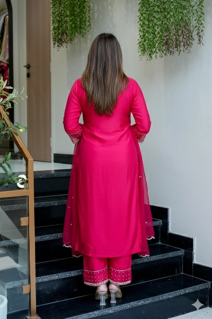 Viscose Chanderi Kurta Set with Scalloped Neckline & Organza Detailing