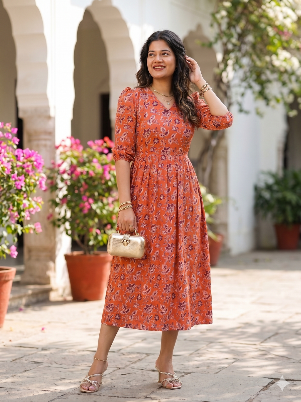 Sunset Blooms Cotton Midi Dress