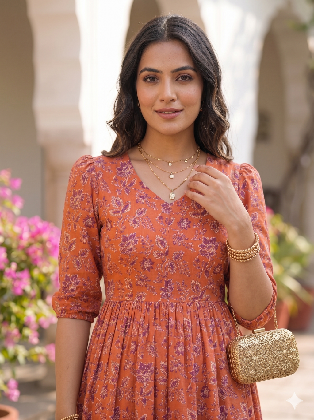 Sunset Blooms Cotton Midi Dress
