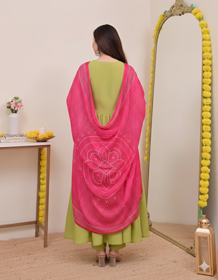 Lime Green Silk Chinon Embroidered Anarkali Kurta Set with Bandhani Print Dupatta