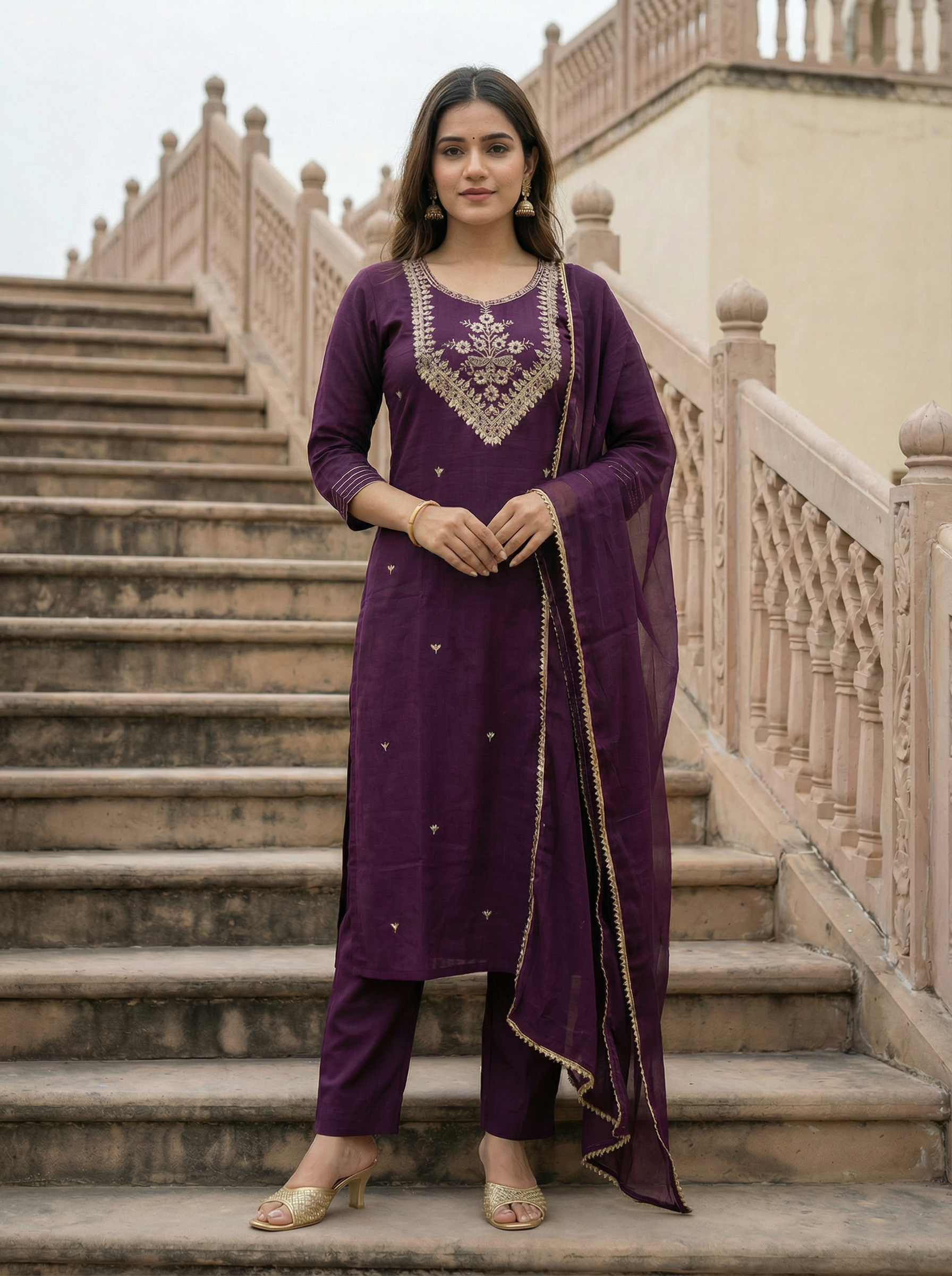 Rayon Slub Embroidery Kurta Set with Nylon Dupatta