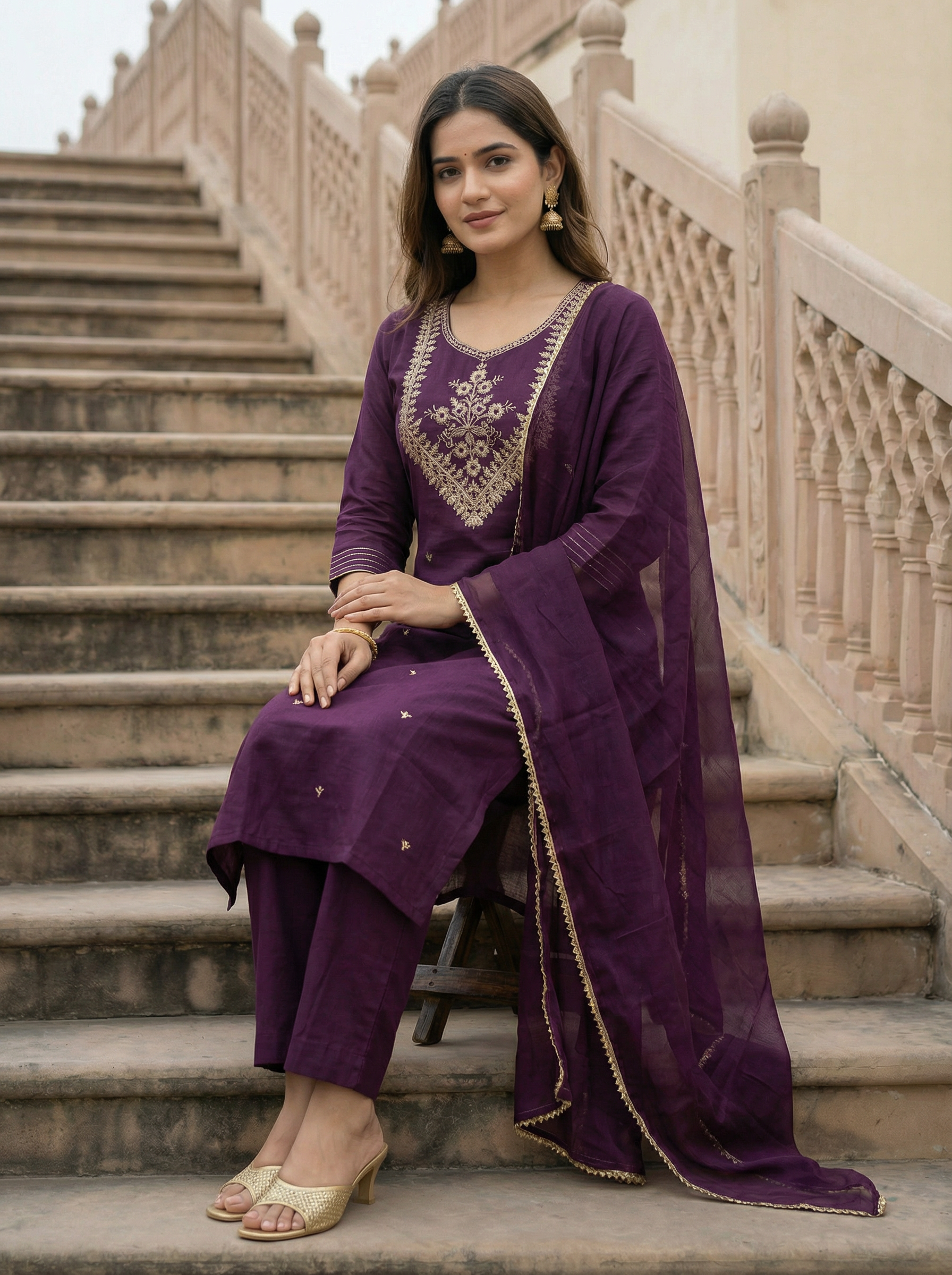 Rayon Slub Embroidery Kurta Set with Nylon Dupatta