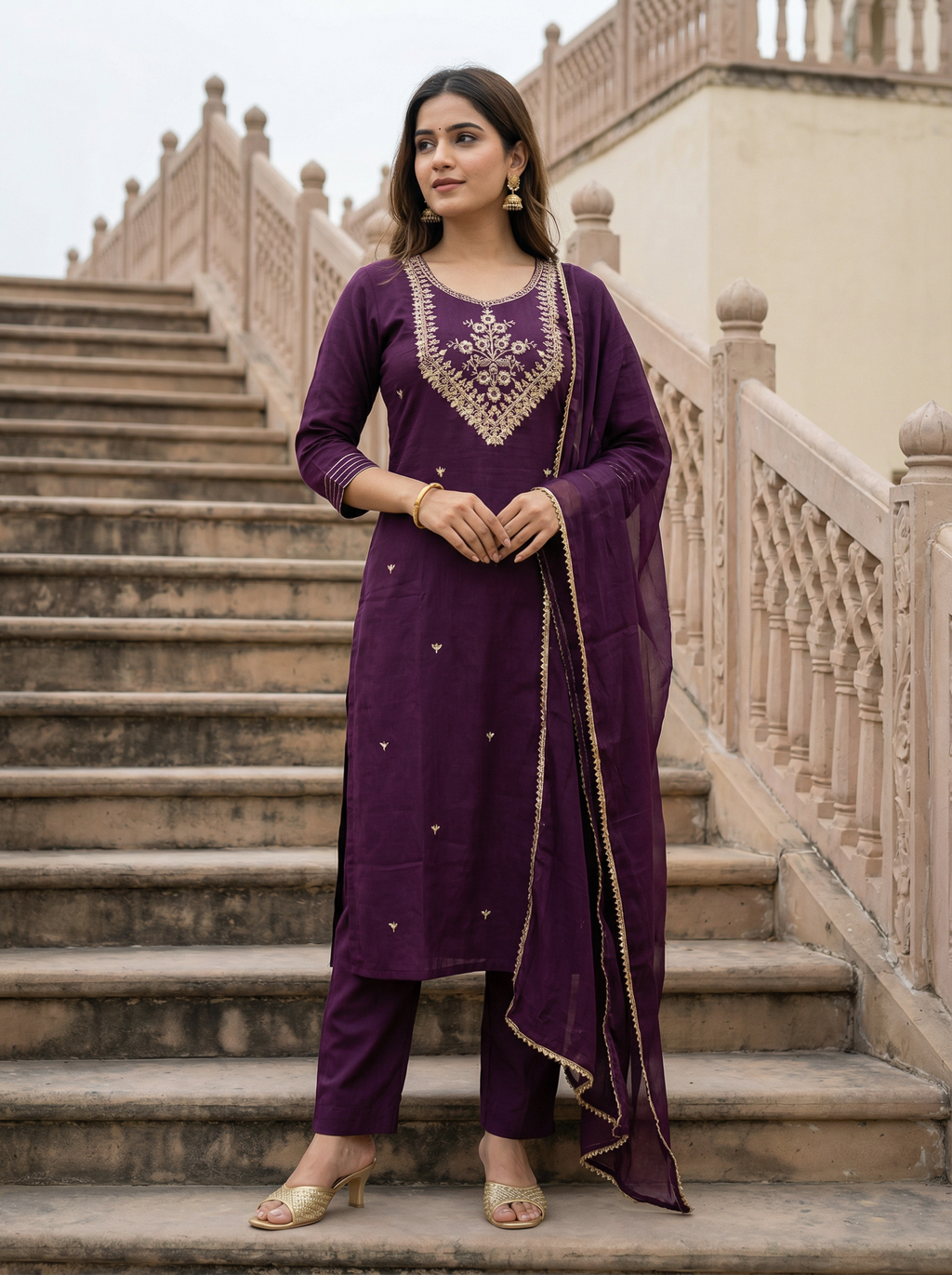 Rayon Slub Embroidery Kurta Set with Nylon Dupatta