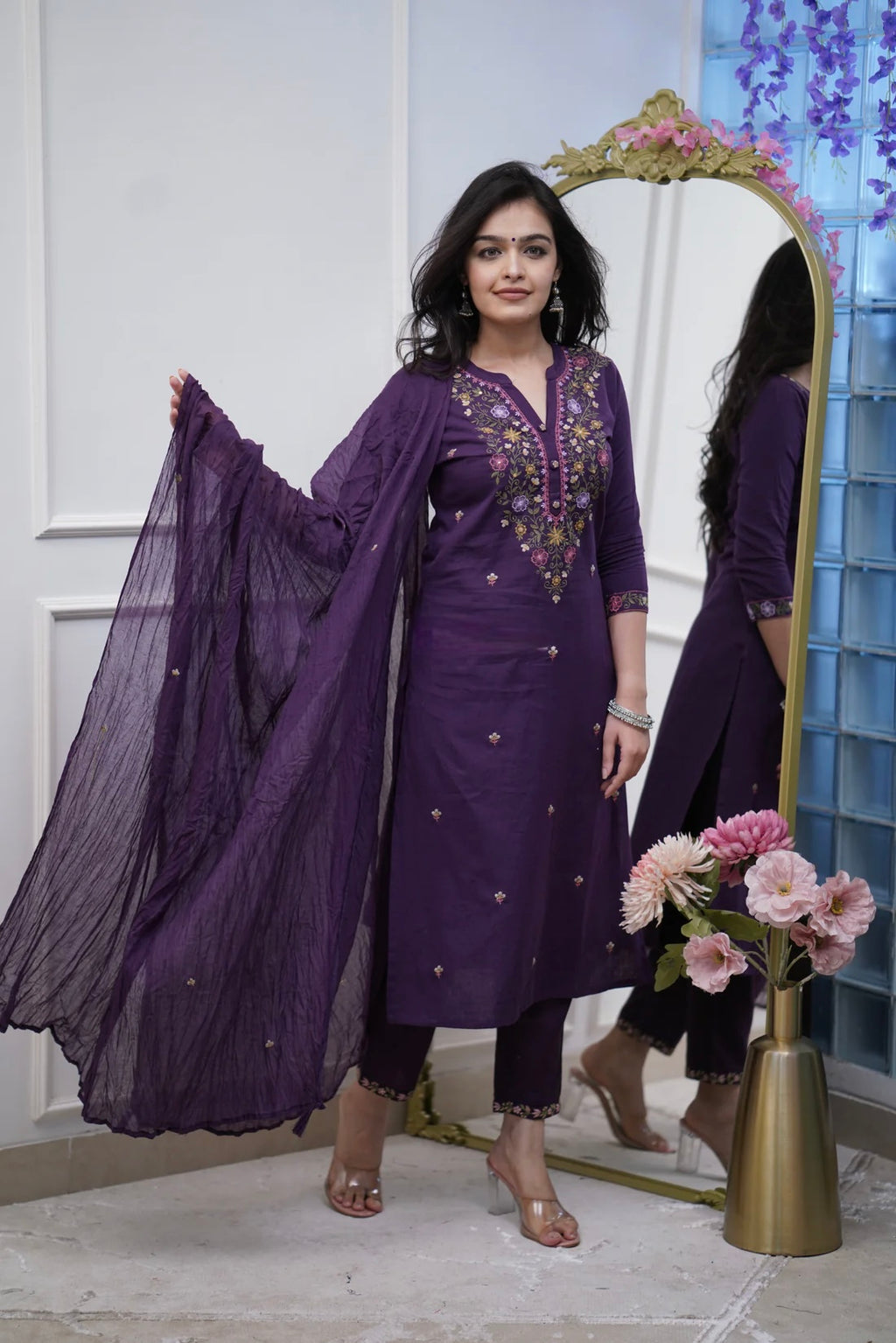 Royal Blue Rayon Slub Straight Kurta Set – Mandarin collar Neck Embroidery & Crinkled Dupatta
