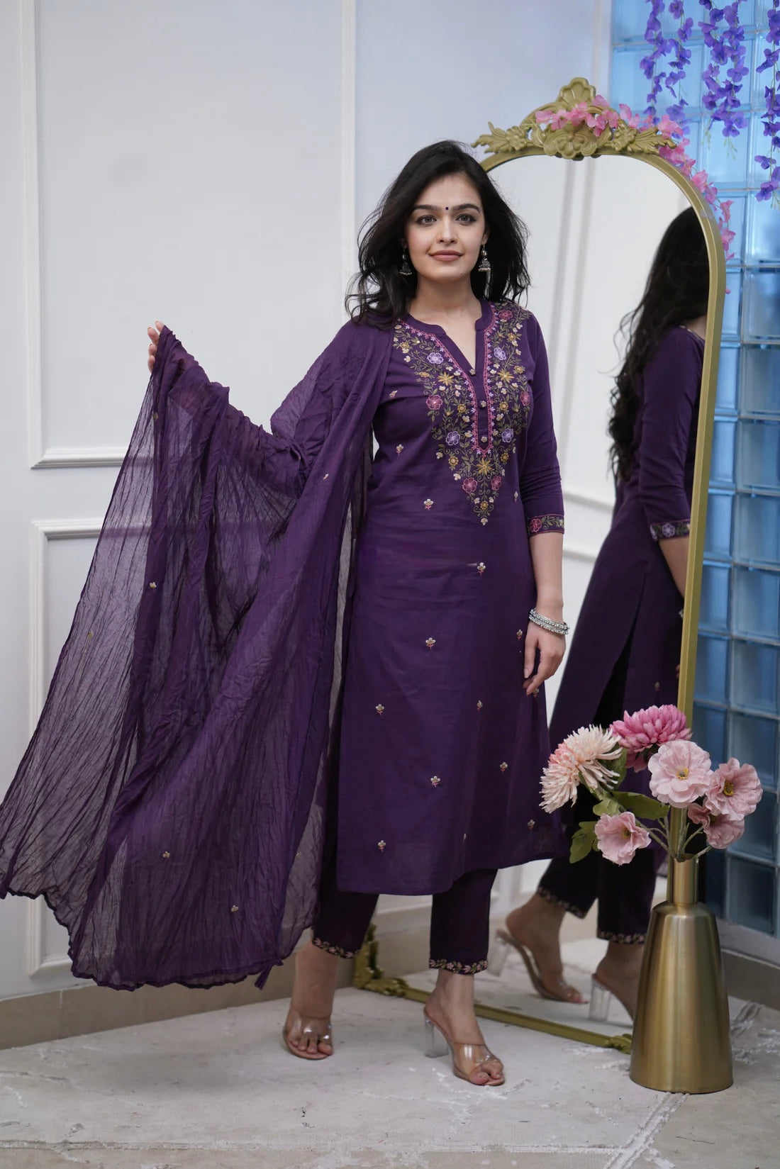 Royal Blue Rayon Slub Straight Kurta Set – Mandarin collar Neck Embroidery & Crinkled Dupatta
