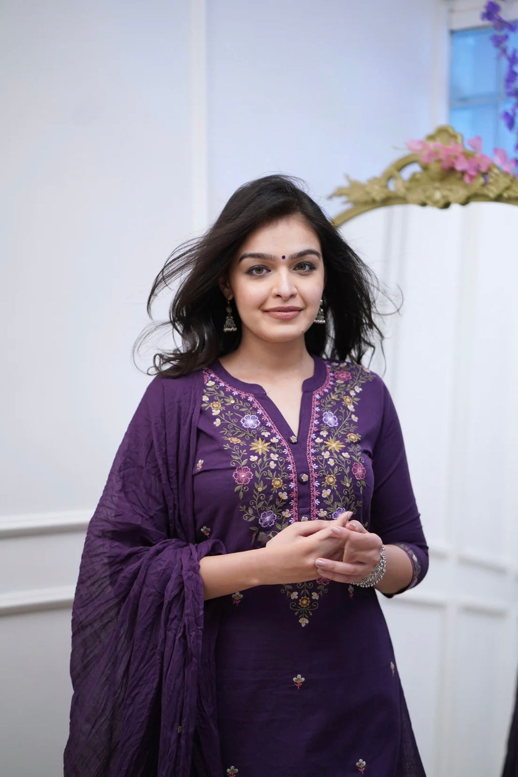 Royal Blue Rayon Slub Straight Kurta Set – Mandarin collar Neck Embroidery & Crinkled Dupatta