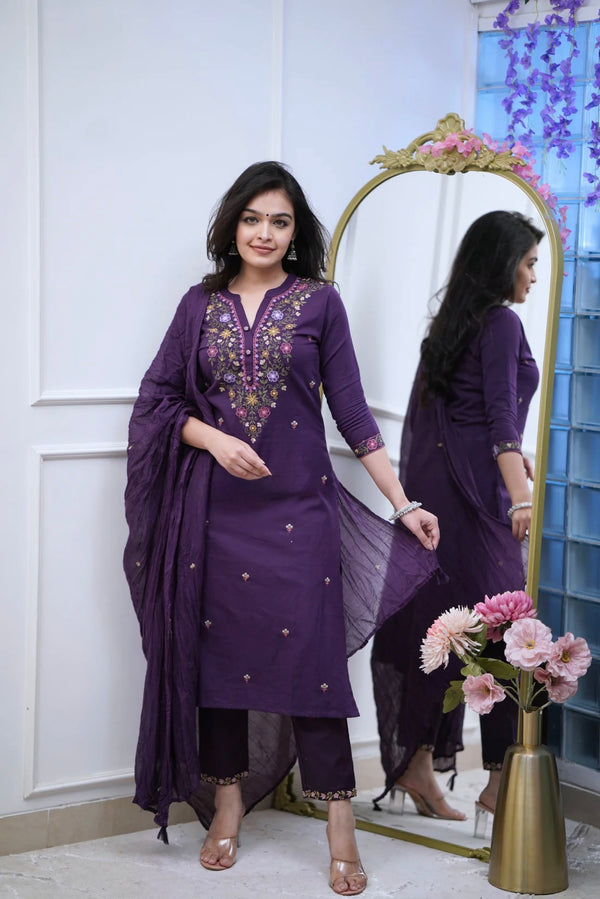 Royal Blue Rayon Slub Straight Kurta Set – Mandarin collar Neck Embroidery & Crinkled Dupatta