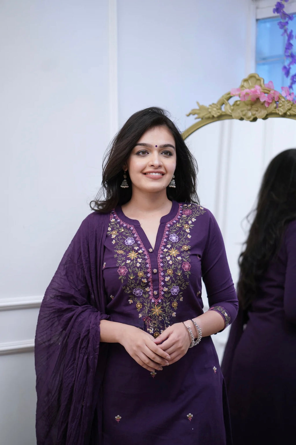 Royal Blue Rayon Slub Straight Kurta Set – Mandarin collar Neck Embroidery & Crinkled Dupatta