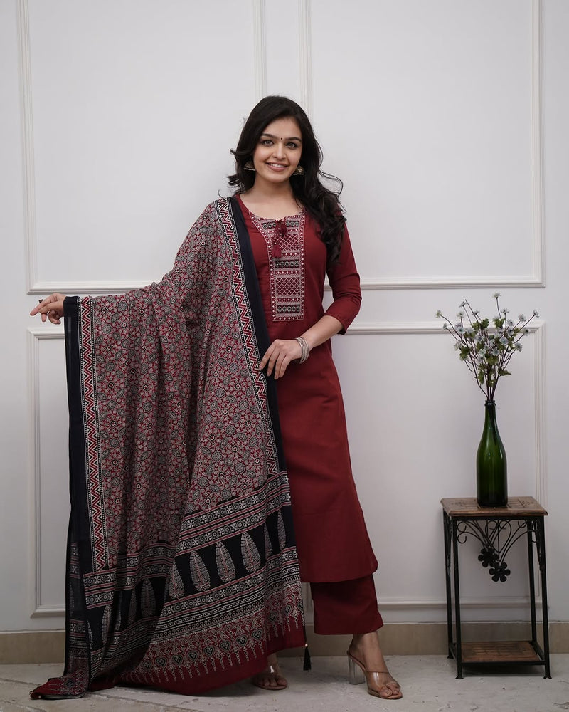 Ethnic Embroidery  Straight Kurta with Matching Bottom & Dupatta