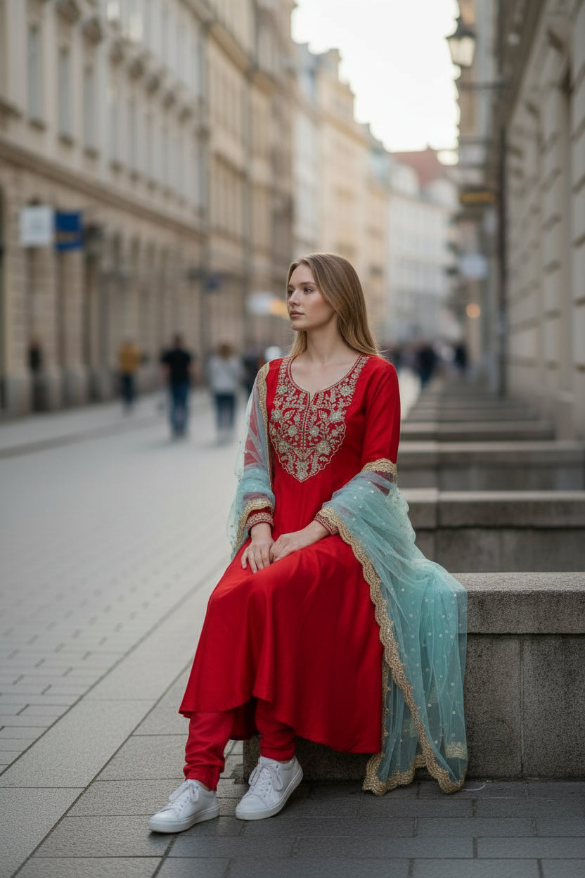 Regal Crimson Vichitra Silk Anarkali Kurta Set with Scalloped Mint Organza Dupatta