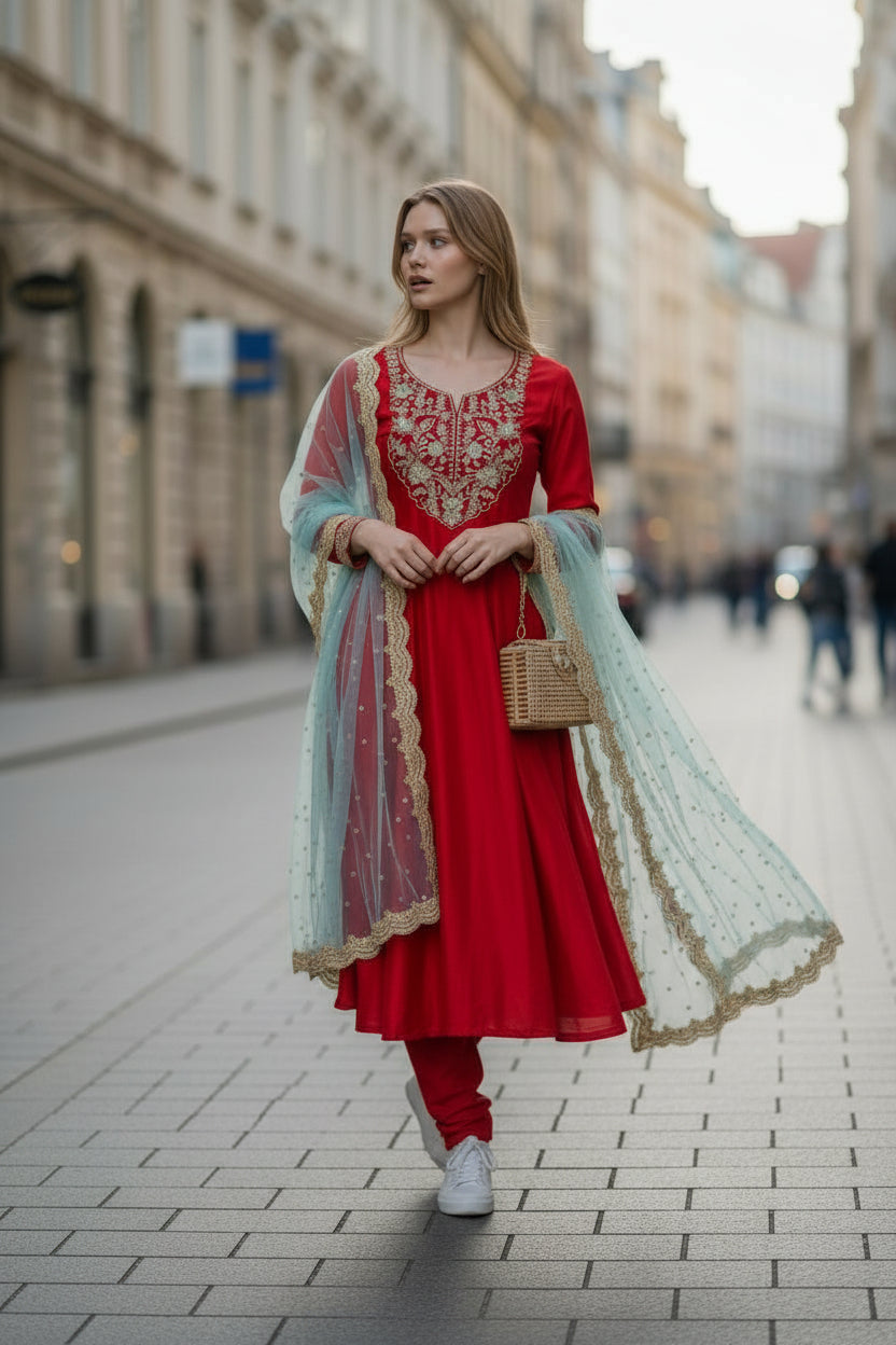 Regal Crimson Vichitra Silk Anarkali Kurta Set with Scalloped Mint Organza Dupatta