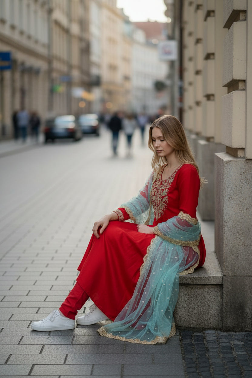 Regal Crimson Vichitra Silk Anarkali Kurta Set with Scalloped Mint Organza Dupatta