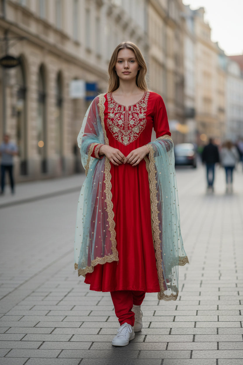 Regal Crimson Vichitra Silk Anarkali Kurta Set with Scalloped Mint Organza Dupatta