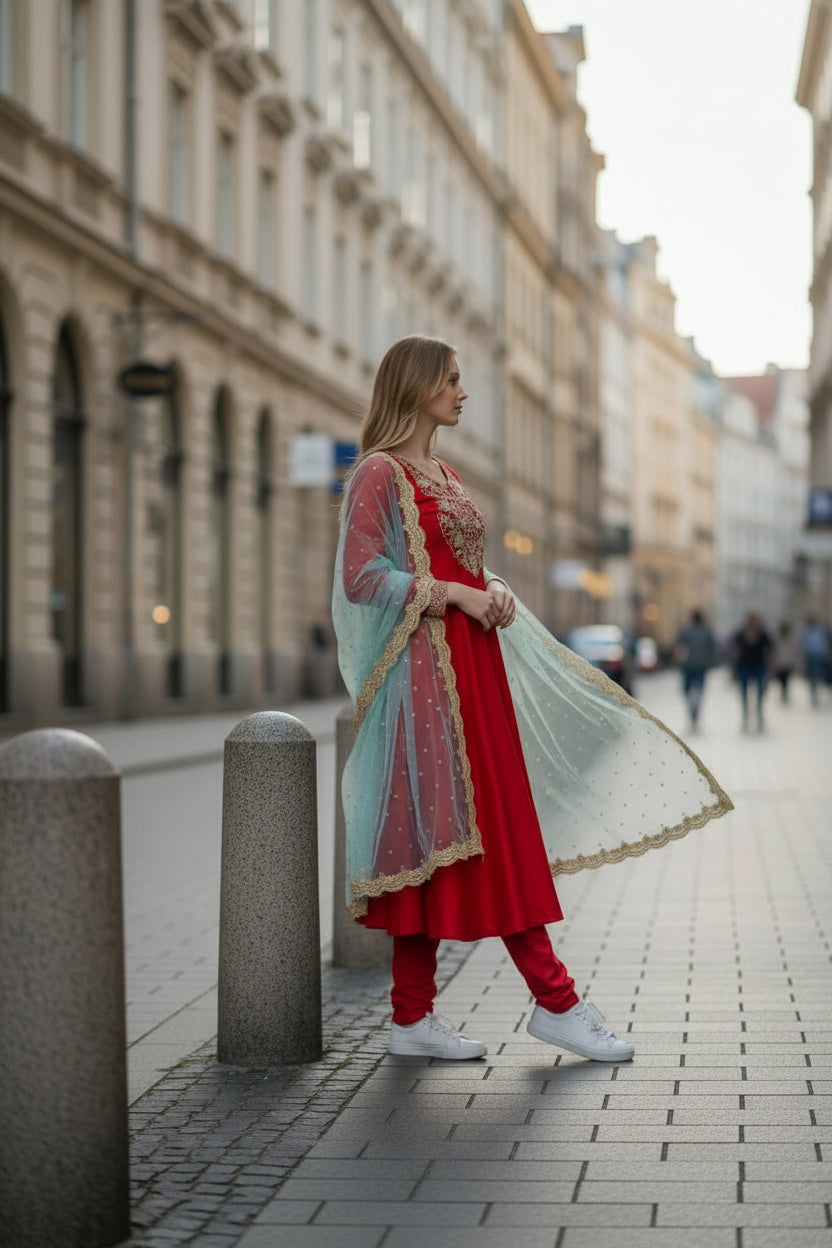 Regal Crimson Vichitra Silk Anarkali Kurta Set with Scalloped Mint Organza Dupatta