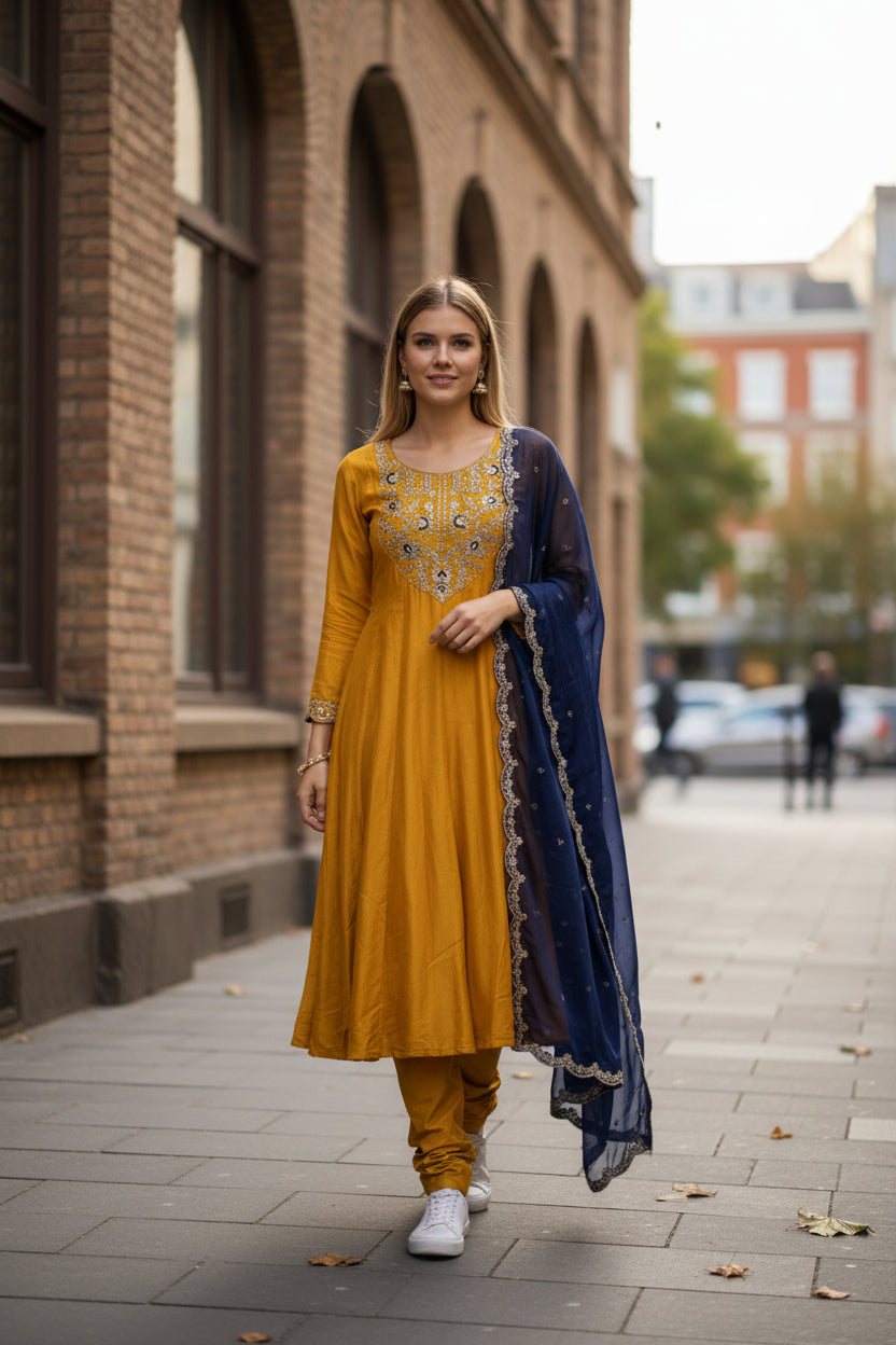 Imperial Mustard Vichitra Silk Anarkali Set with Navy Blue Scalloped Organza Dupatta