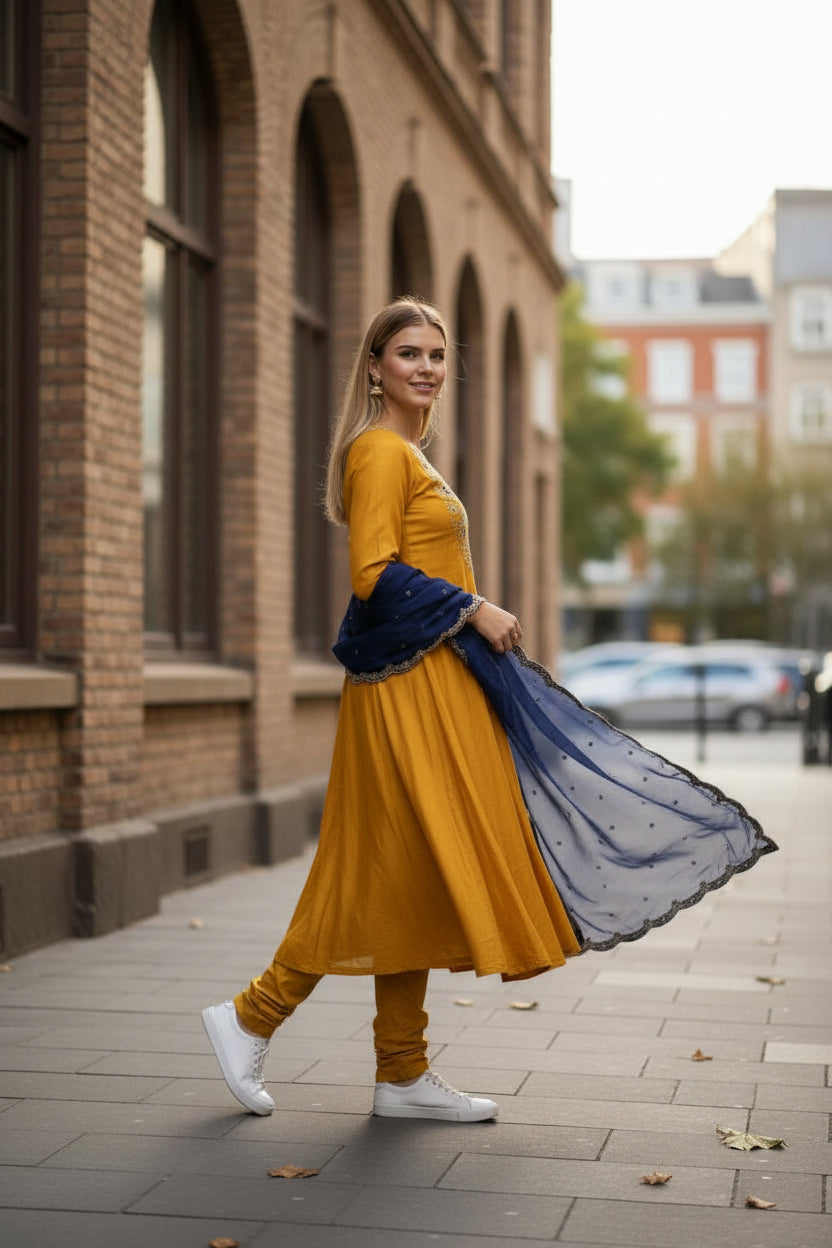 Imperial Mustard Vichitra Silk Anarkali Set with Navy Blue Scalloped Organza Dupatta