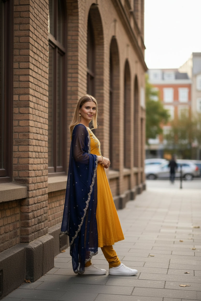 Imperial Mustard Vichitra Silk Anarkali Set with Navy Blue Scalloped Organza Dupatta