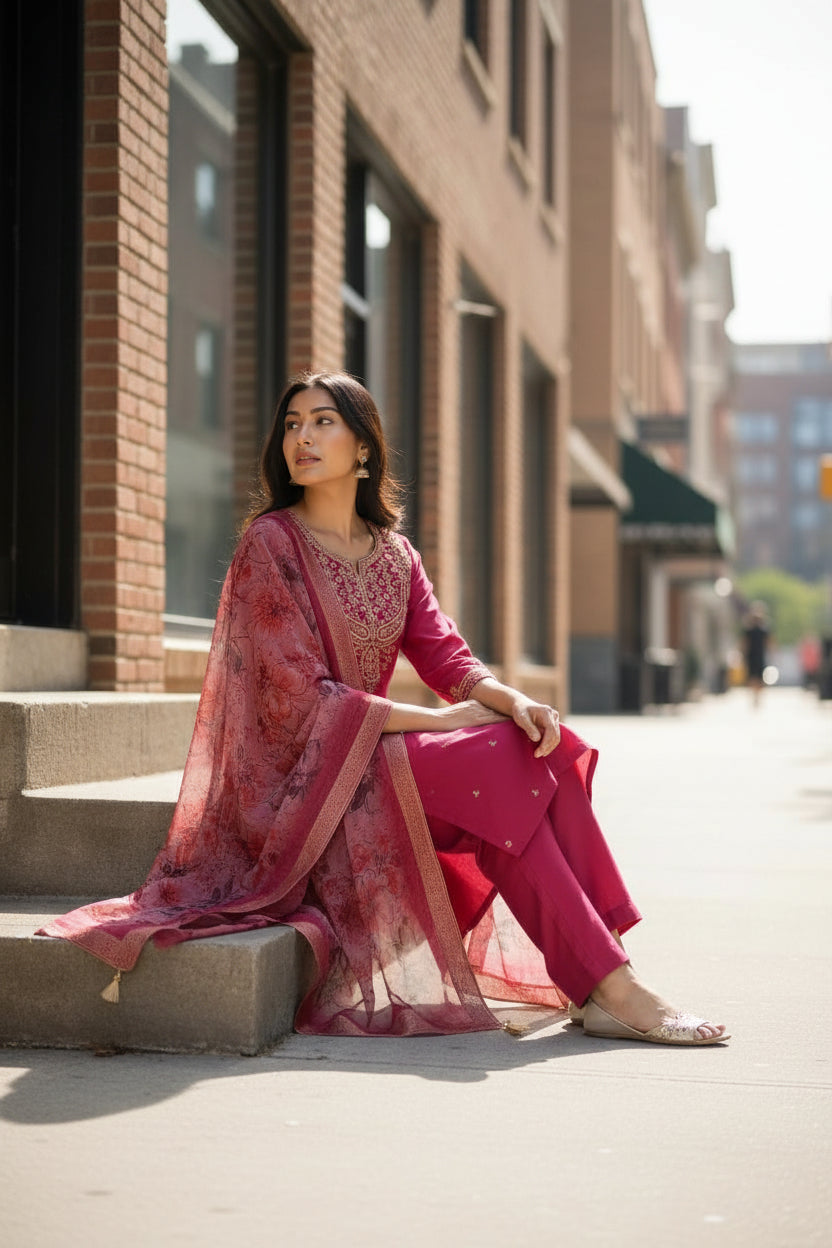 Festive Rani Pink Chanderi Silk Kurta Set with Floral Printed Organza Dupatta