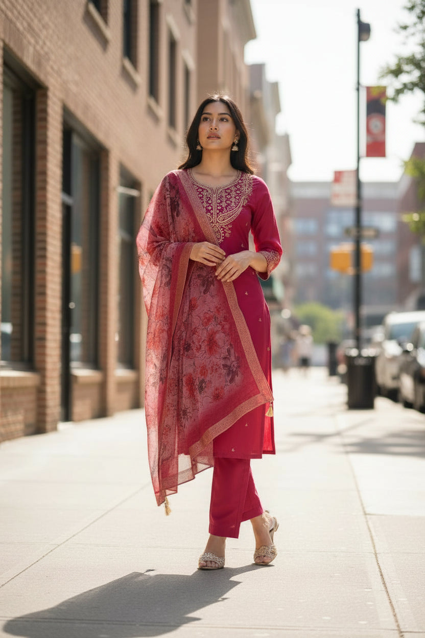Festive Rani Pink Chanderi Silk Kurta Set with Floral Printed Organza Dupatta