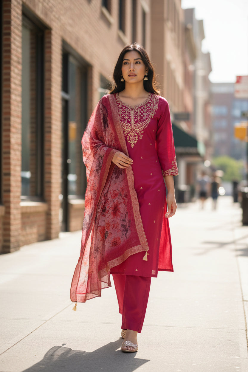 Festive Rani Pink Chanderi Silk Kurta Set with Floral Printed Organza Dupatta