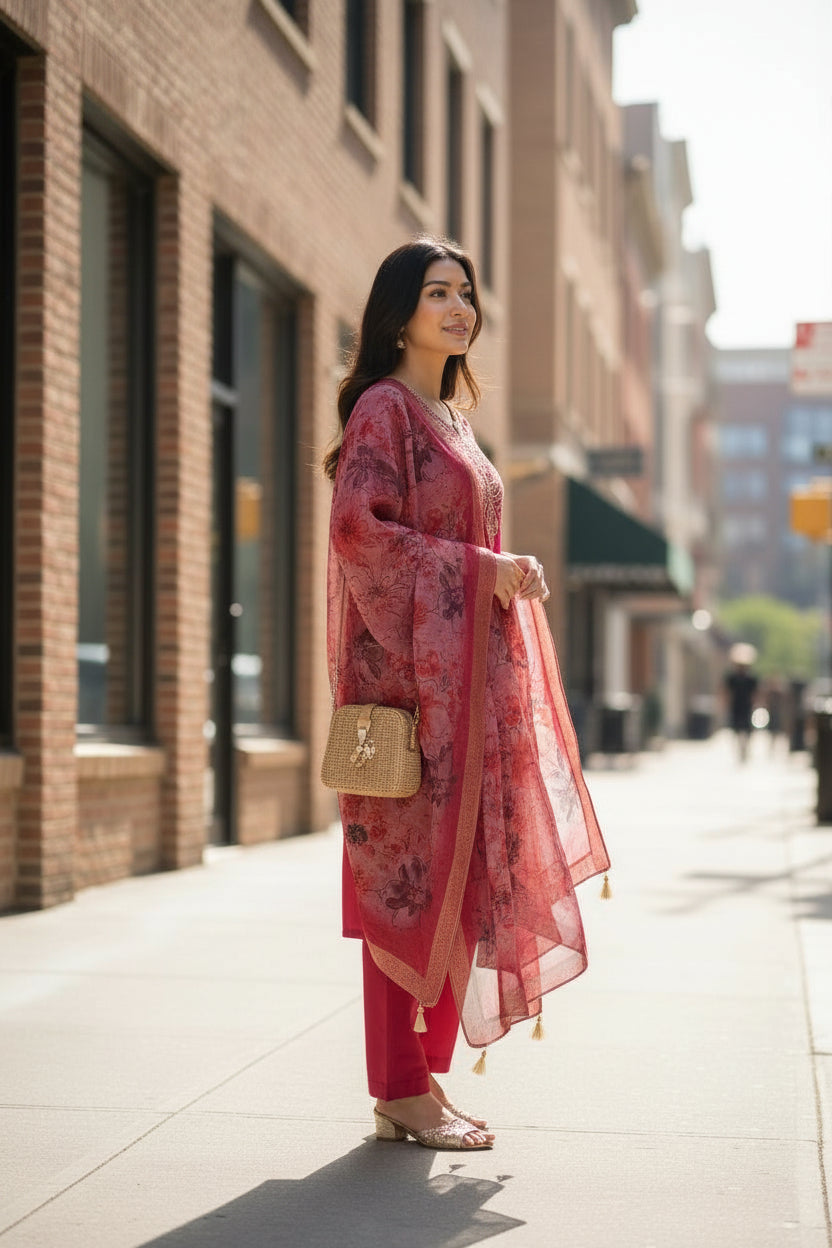 Festive Rani Pink Chanderi Silk Kurta Set with Floral Printed Organza Dupatta