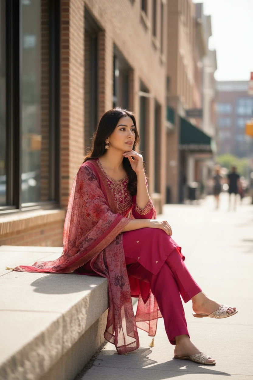Festive Rani Pink Chanderi Silk Kurta Set with Floral Printed Organza Dupatta
