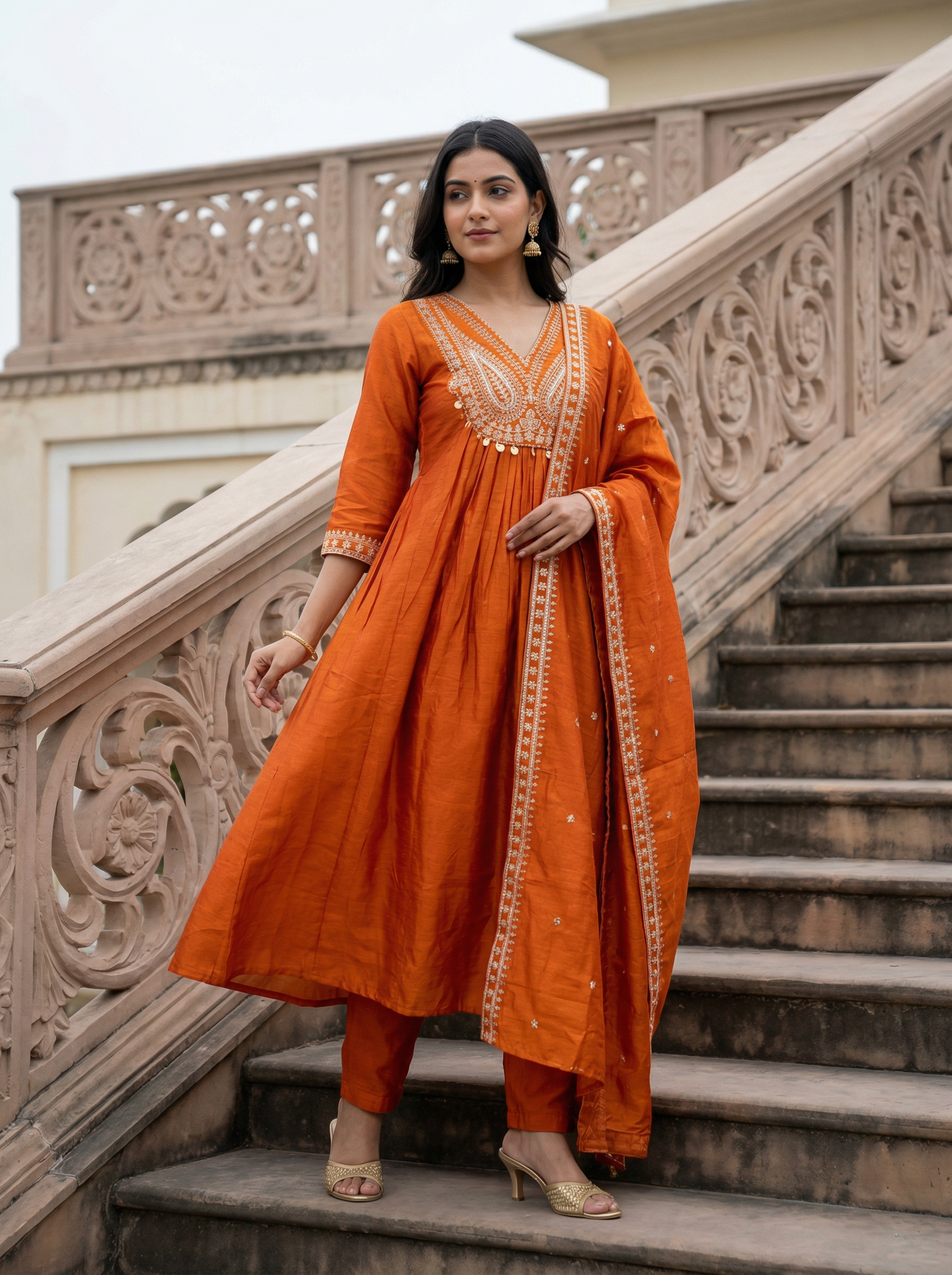 Orange Embroidered Vichitra Silk Anarkali Kurta Set with Pants and Dupatta