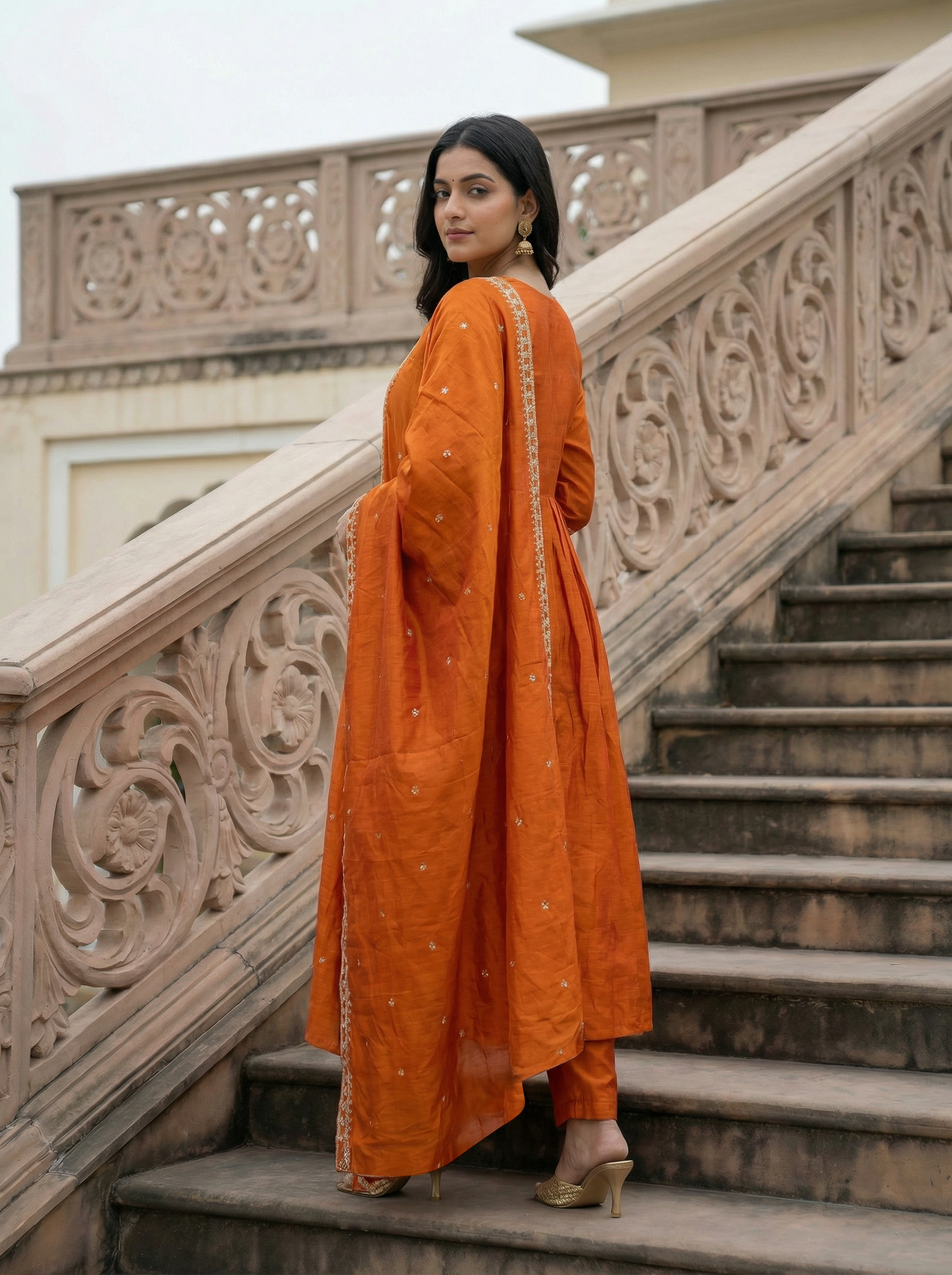 Orange Embroidered Vichitra Silk Anarkali Kurta Set with Pants and Dupatta