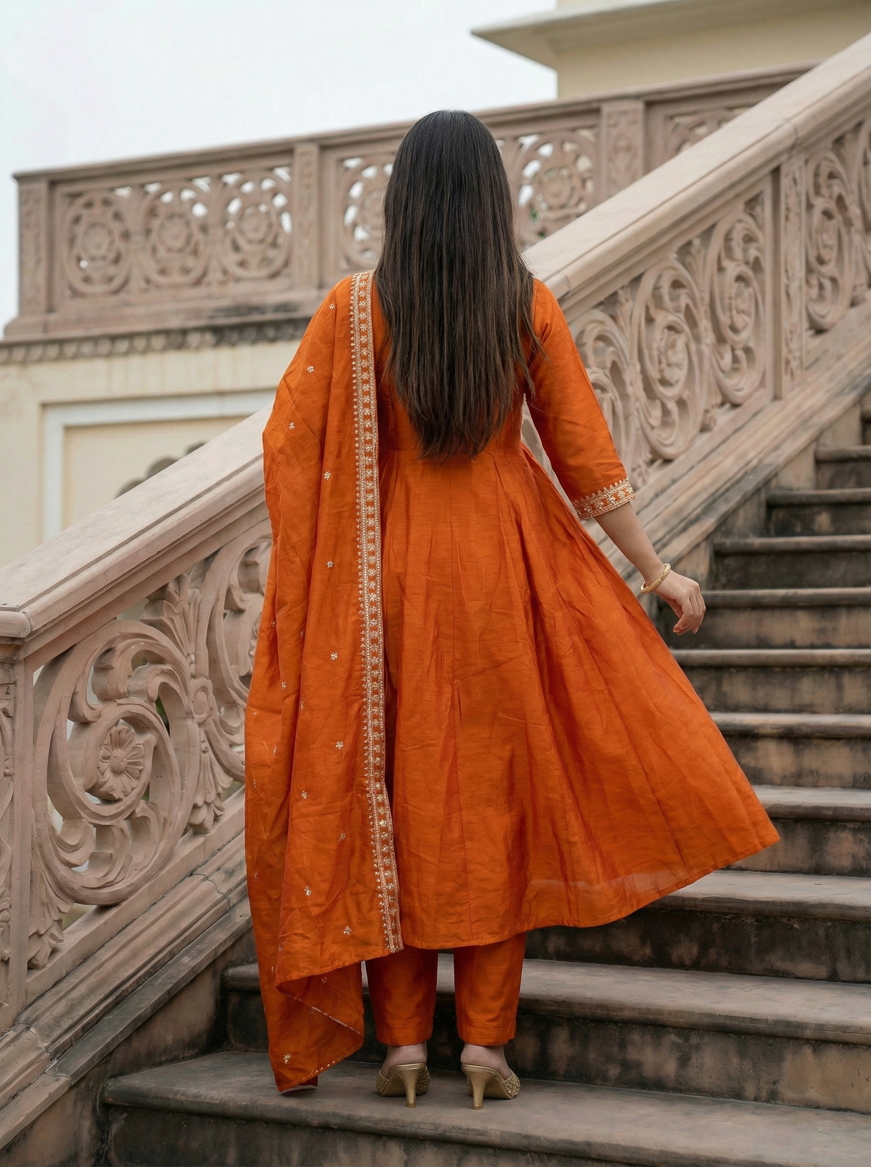 Orange Embroidered Vichitra Silk Anarkali Kurta Set with Pants and Dupatta
