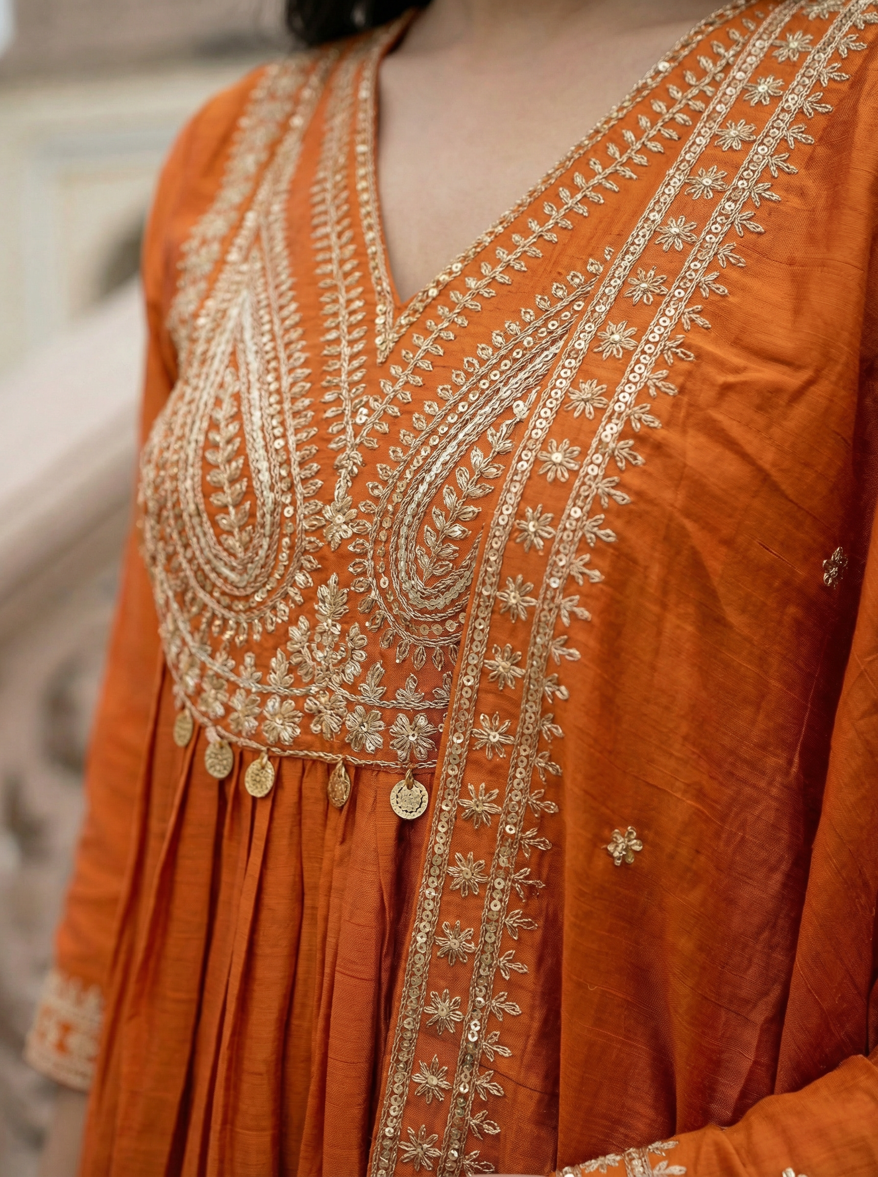 Orange Embroidered Vichitra Silk Anarkali Kurta Set with Pants and Dupatta