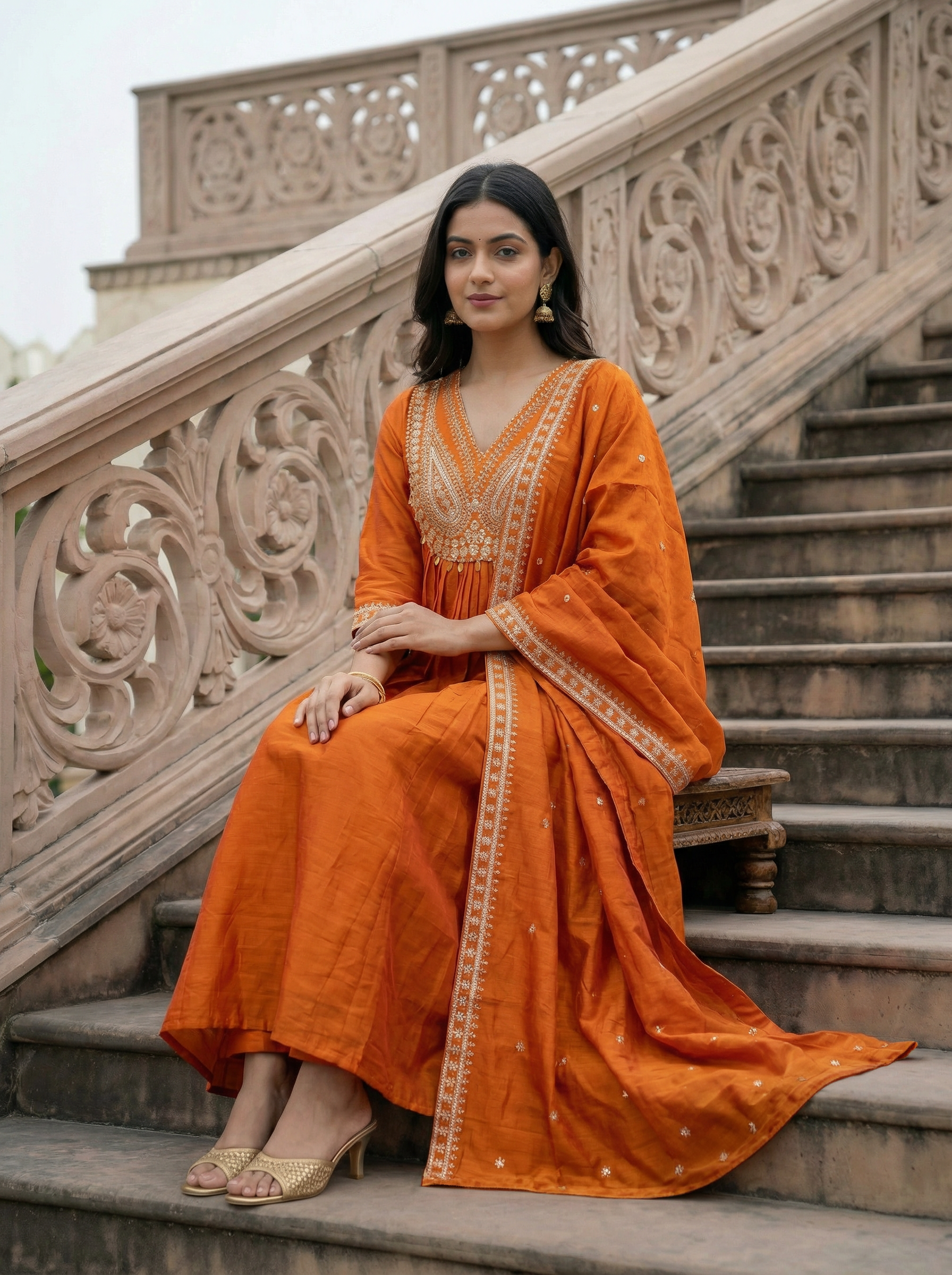 Orange Embroidered Vichitra Silk Anarkali Kurta Set with Pants and Dupatta