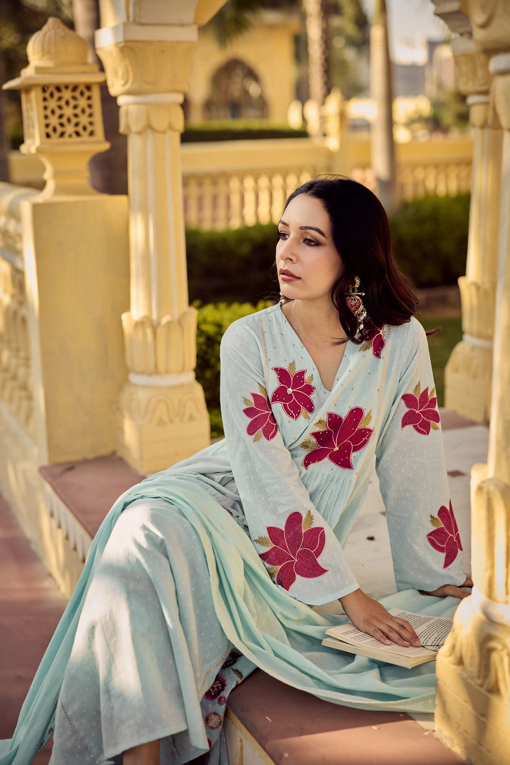 Sky Blue Georgette Floral Embroidered Anarkali Kurta with Chanderi Pants & Scalloped Dupatta