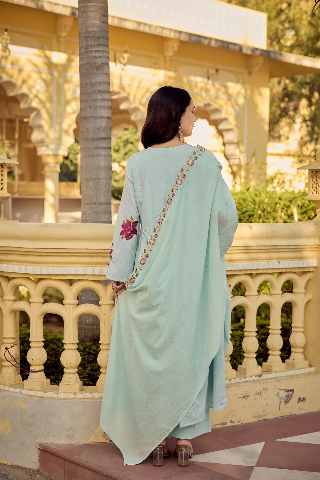 Sky Blue Georgette Floral Embroidered Anarkali Kurta with Chanderi Pants & Scalloped Dupatta