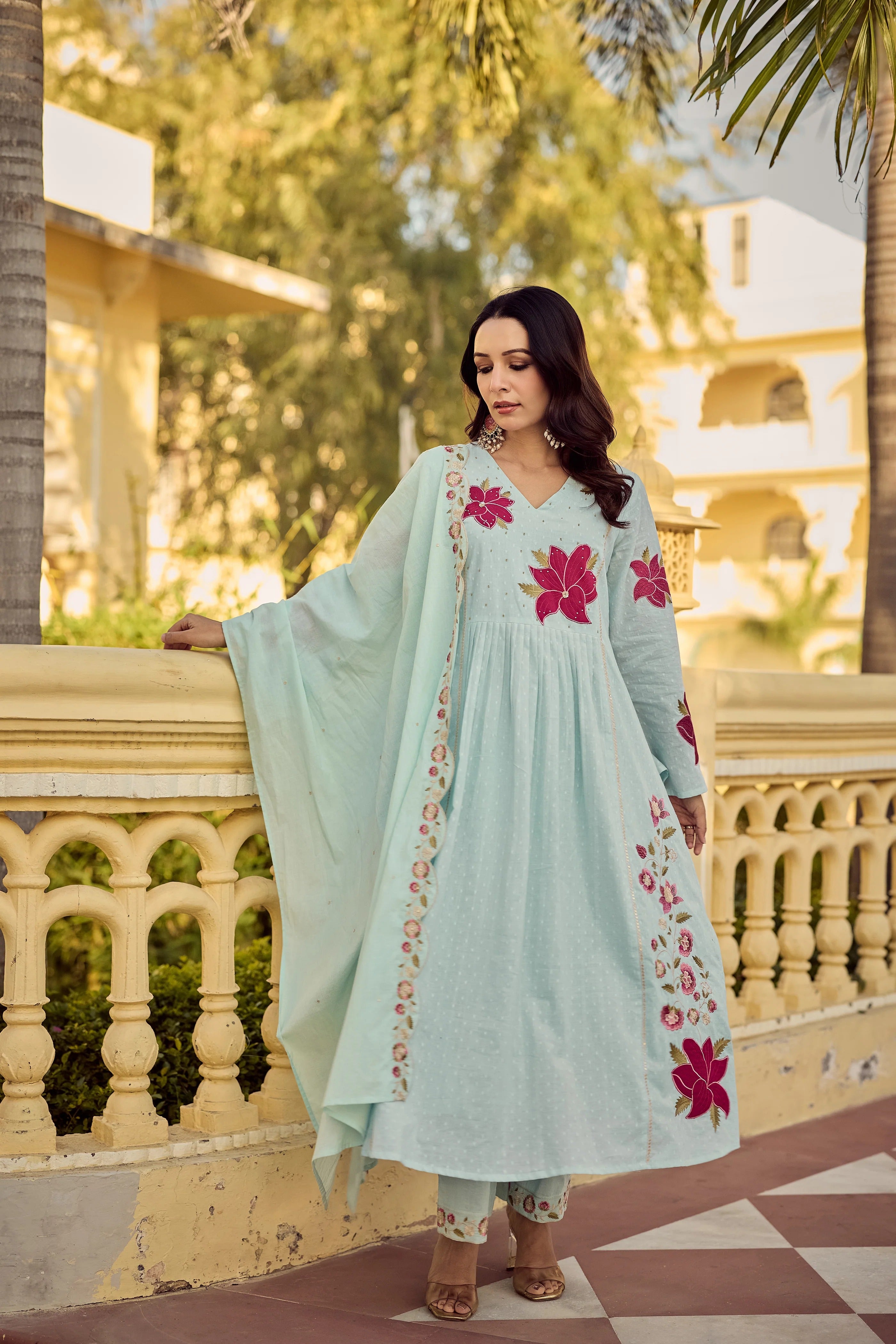 Sky Blue Georgette Floral Embroidered Anarkali Kurta with Chanderi Pants & Scalloped Dupatta