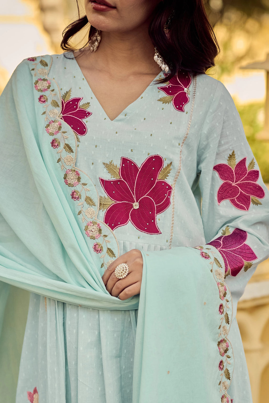 Sky Blue Georgette Floral Embroidered Anarkali Kurta with Chanderi Pants & Scalloped Dupatta