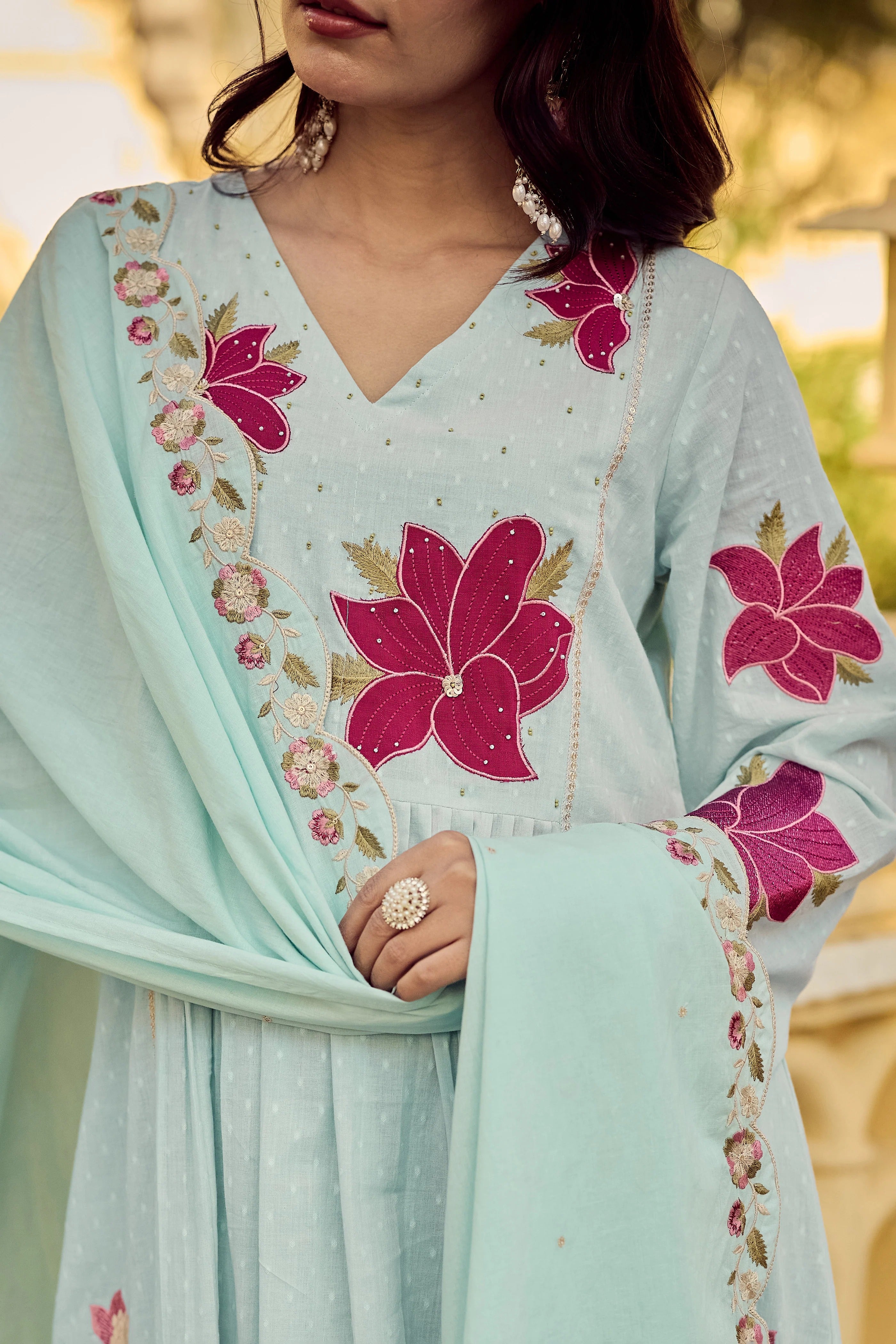 Sky Blue Georgette Floral Embroidered Anarkali Kurta with Chanderi Pants & Scalloped Dupatta