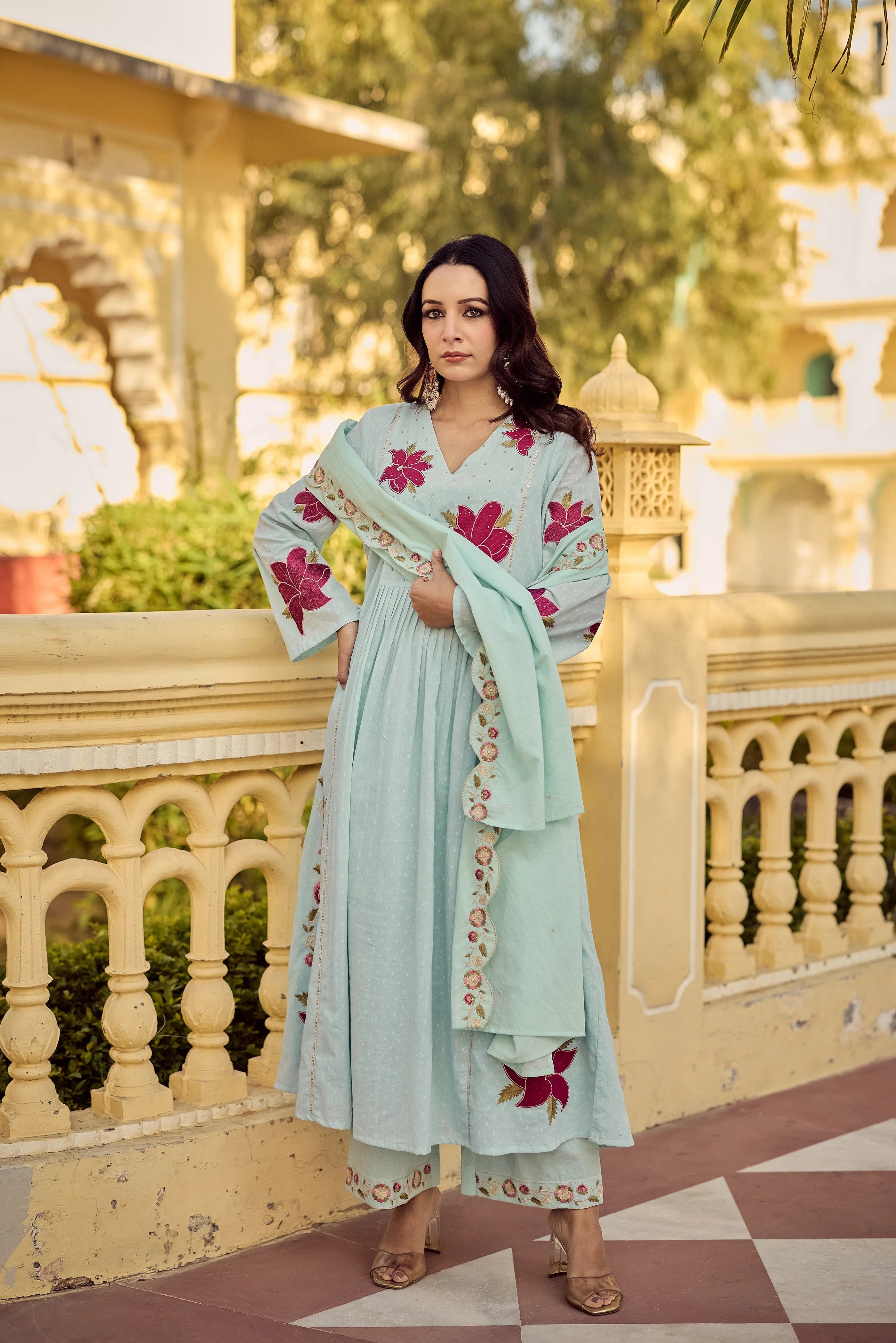 Sky Blue Georgette Floral Embroidered Anarkali Kurta with Chanderi Pants & Scalloped Dupatta