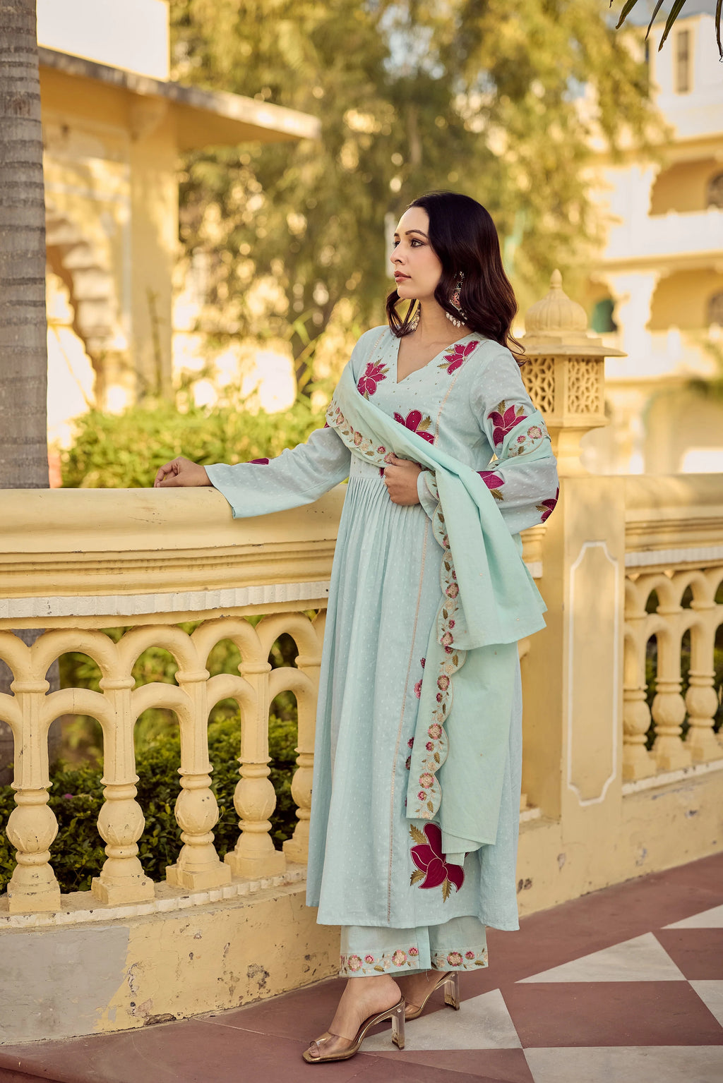 Sky Blue Georgette Floral Embroidered Anarkali Kurta with Chanderi Pants & Scalloped Dupatta